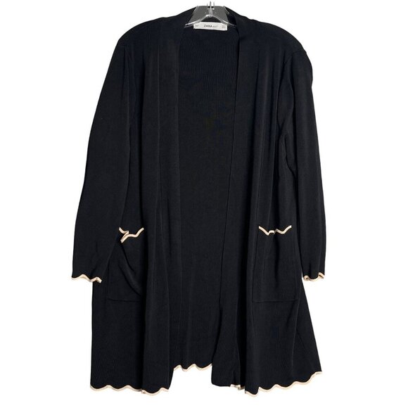 Zara Knit Open Front Cardigan Women's M Black Travel‎ Slinky Scallop Hemline - Picture 1 of 10